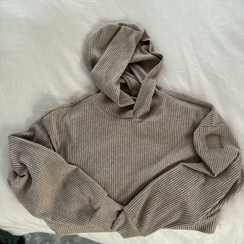 Alo Yoga Muse Ribbed Hoodie Sweatshirt size small - Heather gravel